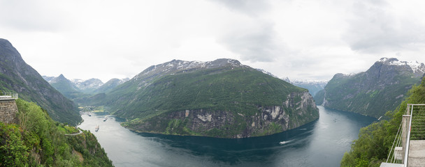 180 degrees panoramic view from the mountains of Geiranger Fjord (UNESCO World Heritage Site). Huge...
