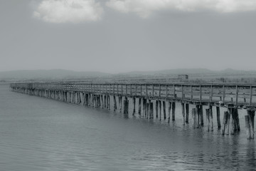 Fototapeta na wymiar Bridge on Trasimeno lake in black and white