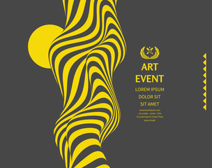 Art event invitation template with date and time details. Background with optical illusion. 3d vector illustration for promotions or presentations.