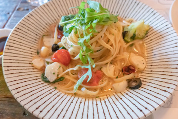 close-up of plate of pasta