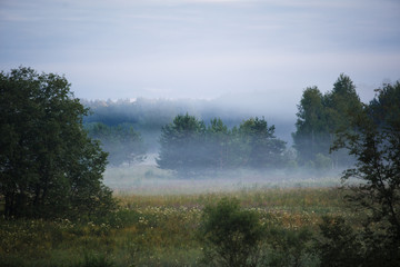 Fototapeta na wymiar Evening fog creeps over the river and forest. Hazy summer evening at the lake