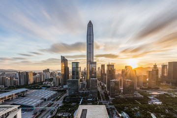 China Guangdong Shenzhen City Skyline Sunset