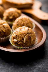 Leftover chapati Laddu / Churma Laddoo or Policha Ladu made with Roti, peanuts, dry fruits and jaggery. selective focus 