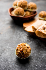 Leftover chapati Laddu / Churma Laddoo or Policha Ladu made with Roti, peanuts, dry fruits and jaggery. selective focus 