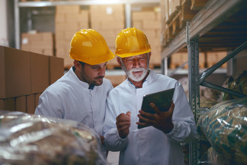 Two hardworking warehouse workers standing in warehouse and checking inventory. Older one holding...