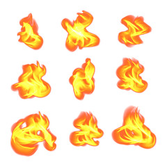 Fire Flames Set and Line Light Effect.set of fire flames icons on white background. Flame in different shapes collection in flat style.