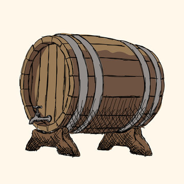 Oak barrel with metal rims for beer on stands.