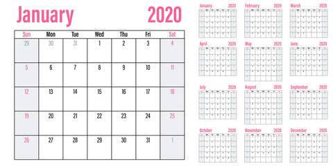Calendar planner 2020 template vector illustration all 12 months week starts on Sunday and indicate weekends on Saturday and Sunday