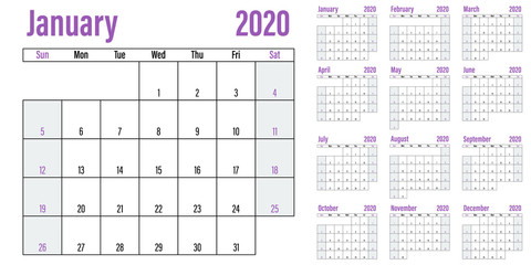 Calendar planner 2020 template vector illustration all 12 months week starts on Sunday and indicate weekends on Saturday and Sunday