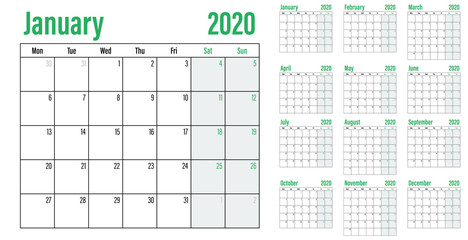Calendar planner 2020 template vector illustration all 12 months week starts on Monday and indicate weekends on Saturday and Sunday