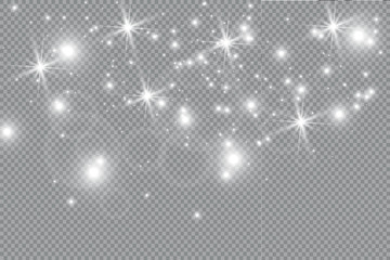 Dust white. White sparks and golden stars shine with special light. Vector sparkles on a transparent background. Christmas abstract pattern. Sparkling magical dust particles.