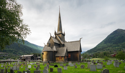 Fototapeta na wymiar A typical stave church in Lom, a medieval wooden Christian church building once common in north-western Europe. Also called the post church and palisade church. Norway, Scandinavia, Europe.