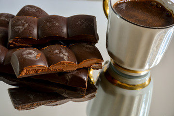 Black coffee with chocolate, reflection.	