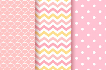 Baby pattern. Kids seamless texture. Pink pastel background. Vector. Baby girl geometric textile print. Cute childish backdrop with polka dots, zig zag, fish scale. Flat design. Modern illustration