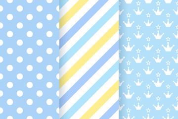 Baby pattern. Kids seamless texture. Blue pastel background. Vector. Baby boy geometric textile print. Cute childish backdrop polka dots, stripes, crown. Flat design. Modern illustration.