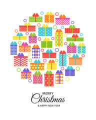 Christmas card with gift boxes. Vector. Happy New year greeting background. Holiday decoration design poster. Creative template. Cartoon flat illustration. Wrapped present with bows, ribbons.