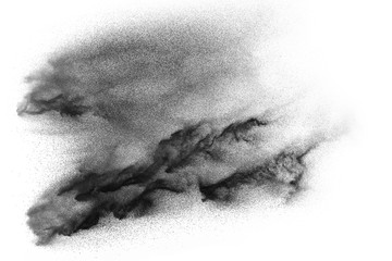 Abstract black dust particles splash on white background.