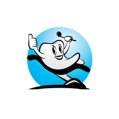 Dental character with at dentistry office chair. logo emblem.