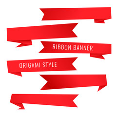 origami style red ribbon banners set