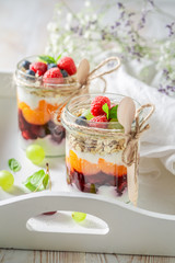 Homemade oat flakes made of yoghurt and fresh berries