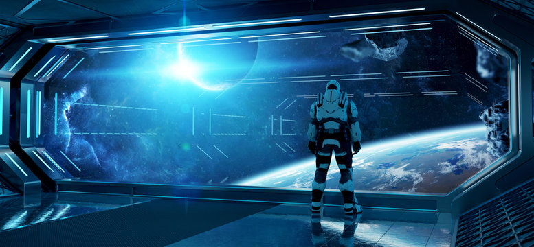 Astronaut in futuristic spaceship watching space through a large window 3d rendering elements of this image furnished by NASA