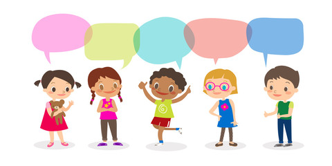 Multiracial kids with speech bubbles, Set of diverse Kids and Different nationalities with speech bubbles isolated on white background, Kids sharing idea concept. Vector cartoon illustration © kraphix