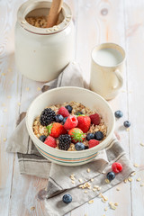 Tasty oat flakes with berry fruits as healthy meal