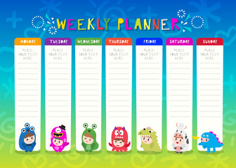 Kids weekly planner with cute monster cartoon characters. A timetable for elementary school. Children schedule design template Vector illustration.