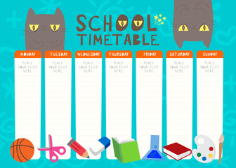 Kids weekly planner with funny cat cartoon characters. A school timetable with stationery clip art. Children schedule design template Vector illustration.