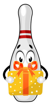 Bowling pin with birthday present, illustration, vector on white background.