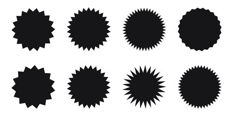 Set of vector starburst, sunburst badges. Black icons on white background. Simple flat style vintage labels, stickers. 