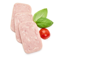 Boiled ham sausage slices, copy space, isolated on white background