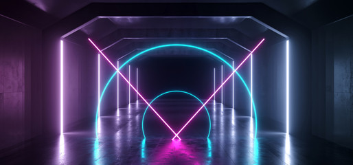 Retro Modern Futuristic Purple Blue Red Sci Fi Vibrant Neon Light Shapes Laser Beams Grunge Concrete Reflective Tunnel Corridor Hall Garage Underground 3D Rendering