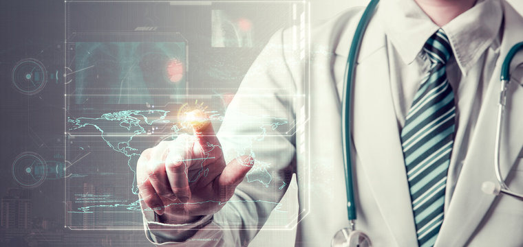 doctor touching digital screen, futuristic HUD technology concept