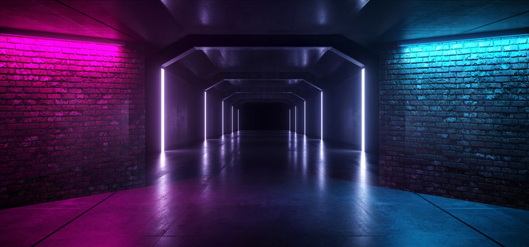 Neon Glowing Retro Brick Walls Purple Blue Stage Night Club Vibrant Corridor Tunnel Laser Show Dark Empty Background  Reflective Sci Fi Futuristic Fashion 3D Rendering