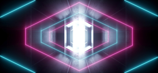 Futuristic  Sci Fi Laser Neon Shapes Glowing Light Vibrant Purple Blue Stage NIght Club Background Grunge Concrete Dark Tunnel Hall Corridor Garage Fashion Party Reflective 3D Rendering