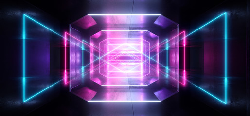 Futuristic  Sci Fi Laser Neon Shapes Glowing Light Vibrant Purple Blue Stage NIght Club Background Grunge Concrete Dark Tunnel Hall Corridor Garage Fashion Party Reflective 3D Rendering