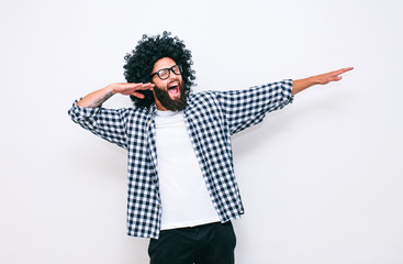 Crazy hipster guy emotions. Collage in magazine style with happy emotions. Colorful summer concept.