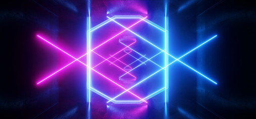 Futuristic  Sci Fi Laser Neon Shapes Glowing Light Vibrant Purple Blue Stage NIght Club Background Grunge Concrete Dark Tunnel Hall Corridor Garage Fashion Party Reflective 3D Rendering