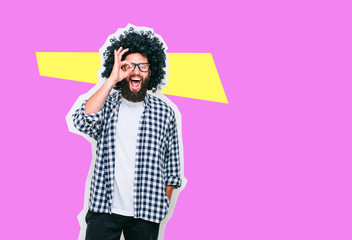 Crazy hipster guy emotions. Collage in magazine style with happy emotions. Colorful summer concept.