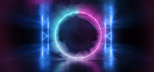 Sci Fi Neon Circle Smoke Glowing Light Vibrant Purple Blue Stage NIght Club Background Grunge Concrete Dark Tunnel Hall Corridor Garage Spaceship Reflective Futuristic 3D Rendering