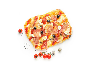 Rome square pizza or pinza with italian ham isolated on white background, top view