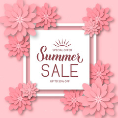 Summer Sale calligraphy hand lettering with Origami flowers. Paper cut style discount promotion banner. Easy to edit vector template for advertising poster, flyer, card, tag, label, etc. 