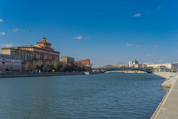 Moscow, Russia, March 31, 2019: Embankment of the Moscow River and buildings