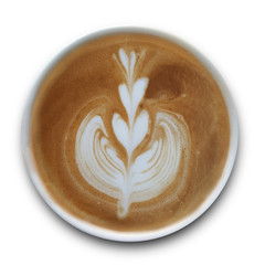 Top view of a mug of latte art coffee isolted on white background.