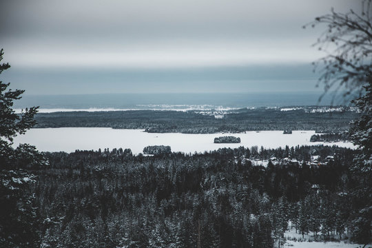 Overlooking the snow covered lake