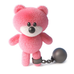 Naughty pink fluffy teddy bear character has to wear a ball and chain, its very sad, 3d illustration