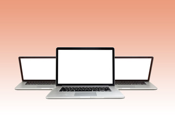 Three laptop devices Isolated white screen for mockup presentation