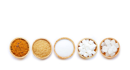Various types of sugar on white background. - obrazy, fototapety, plakaty