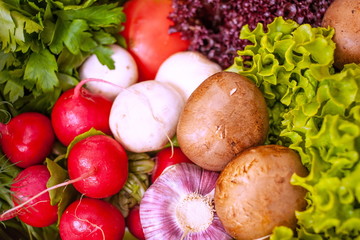 background with vegetables mushrooms, basil, lettuce, onions, garlic, radishes and tomatoes. close up